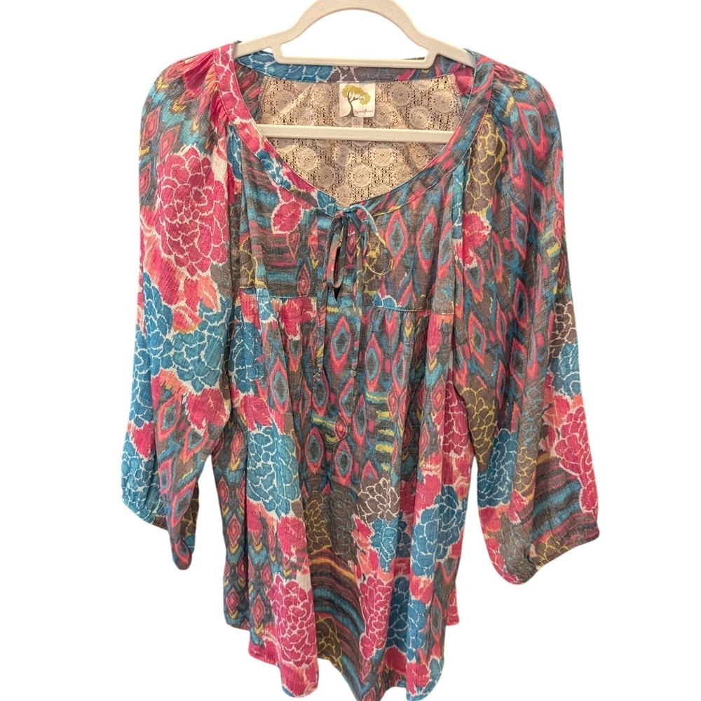 Fig and Flower Womens 3X Boho Lace Back Peasant Blouse Multi Color 3/4 Sleeve
